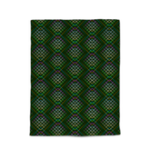 Artistic mosaic patterned comforter in bedroom setting.